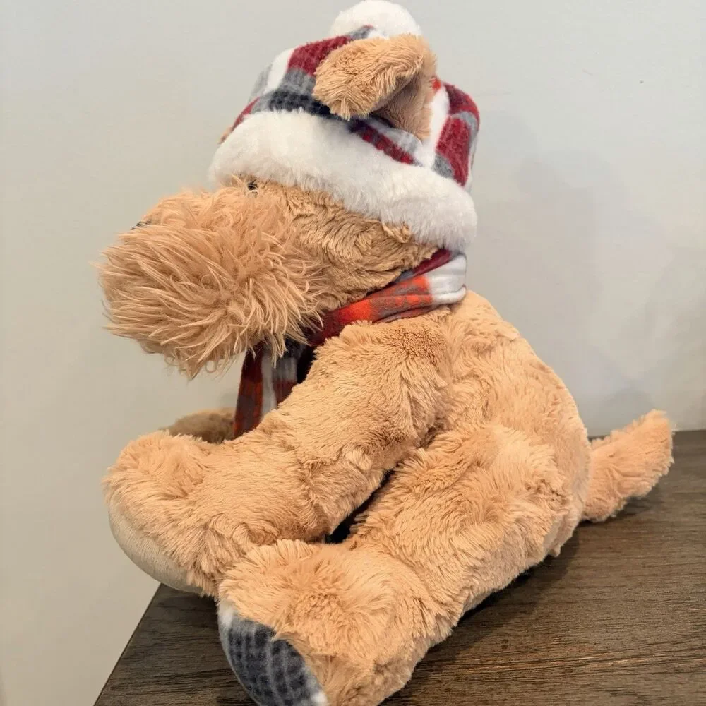 GT Gentle Treasures Tan Brown Sitting Puppy Dog Plaid Winter Hat Scarf 12